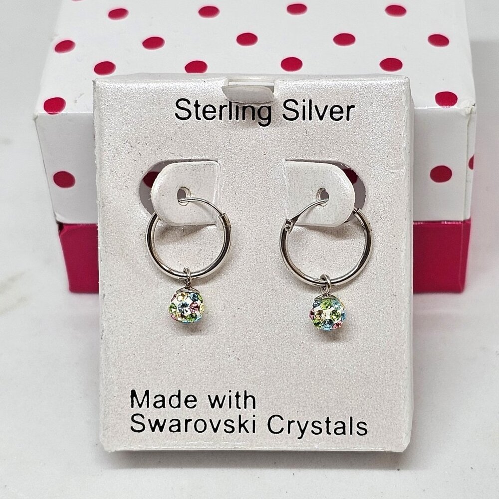 Charming Girl 925 Sterling Silver Crystal Pave Ball Hoop Earrings NEW